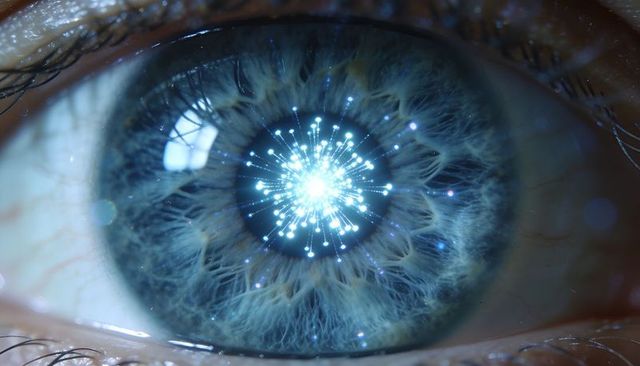 Staring teal eye with glowing digital starburst pupil, futuristic biometric vision concept