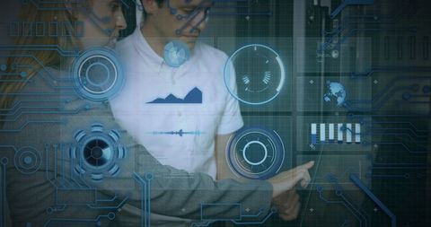 Technology progession with caucasian it professionals analyzing digital data interface