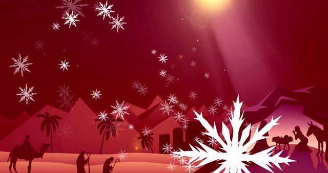 Festive Background with Nativity Scene and Falling Snowflakes - Download Free Stock Images Pikwizard.com