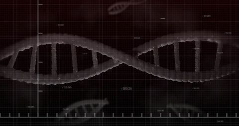 Futuristic dna double helix with digital grid and data overlay for biotech visualization
