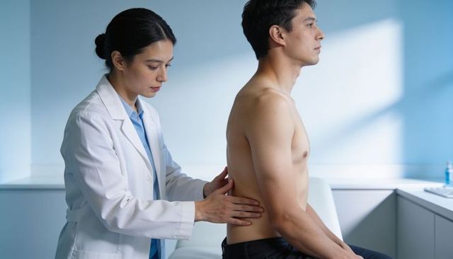 Female physician palpating male patient lower back during clinical lumbar examination