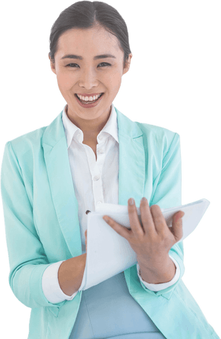 transparent businesswoman smiling while holding notes with professional attire - Download Free Stock Videos Pikwizard.com