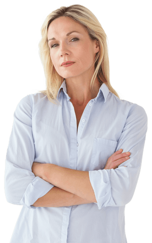 Confident Caucasian Woman Crossing Arms on Transparent Background