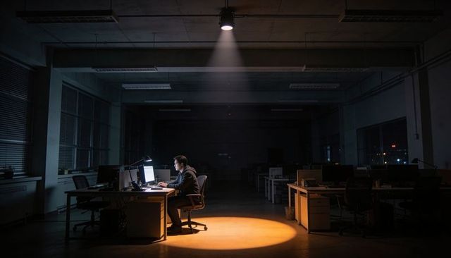 Late night office coding spotlight working asian man at dual monitors focused on code