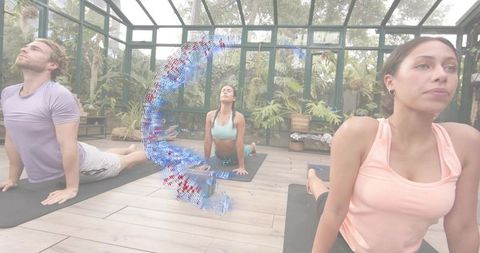 Trio Practicing Yoga Backbends in Glass Conservatory with Blue-Red Particle Swirl Overlay