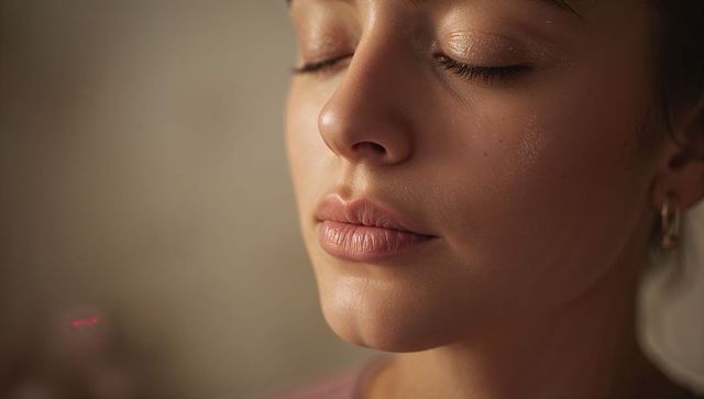 Resting woman with closed eyes and glowing skin closeup, serene beauty portrait for wellness