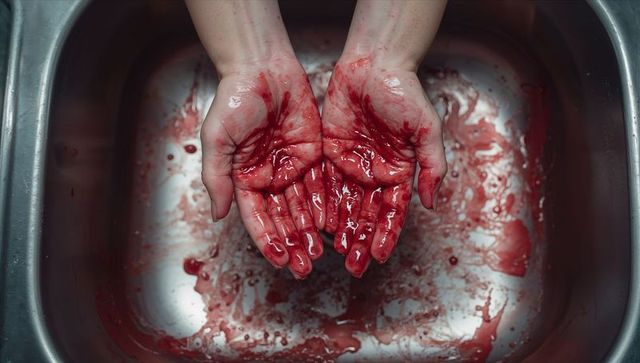 Holding Cupped Hands Coated in Crimson Liquid Over Stainless Steel Sink