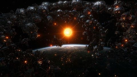 Orbital ring habitats encircling planet at stellar sunrise, futuristic megastructure