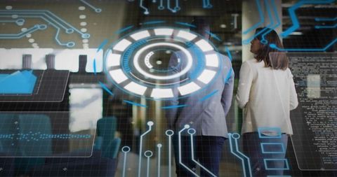 Business Professionals Walking Corporate Lobby with Futuristic HUD and Holographic Interface