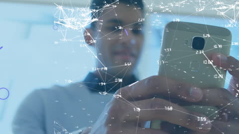 Man Interacting with Smartphone Amidst Network Connections