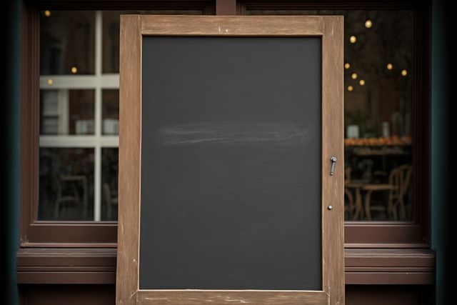 Blackboard with wooden frame placed outside restaurant window, perfect for customized daily specials or promotional messages. Ideal for businesses wishing to advertise or communicate with potential customers.