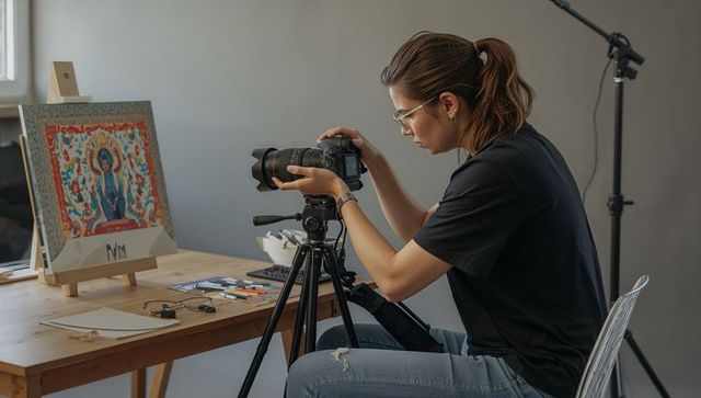 Woman photographer photographing painting with dslr on tripod in creative home studio