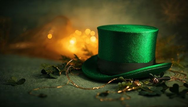 Green Satin Top Hat with Black Ribbon and Warm Gold Bokeh for St Patrick's Day