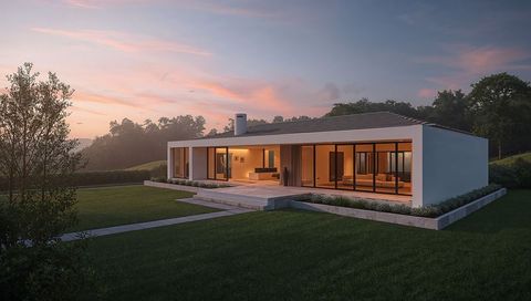 Contemporary single-story house glowing at dusk with glass facade, terrace and lawn