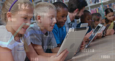 Diverse Schoolchildren and Teacher Using Tablets with Data Overlay