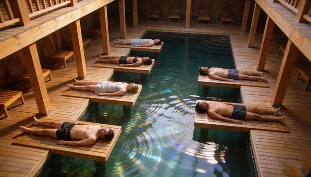 Group relaxing on floating wooden platforms over indoor spa pool, warm ambient light