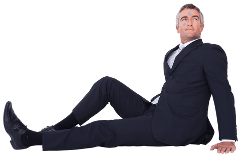 Confident Businessman in Black Suit Sitting on Transparent Background