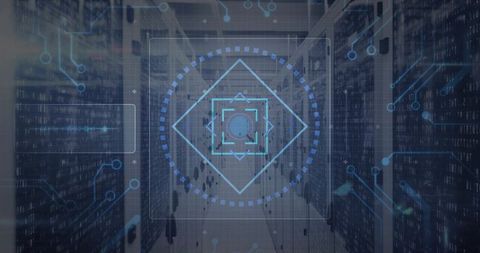 Holographic HUD Projecting Over Datacenter Aisle with Server Racks and Circuitry