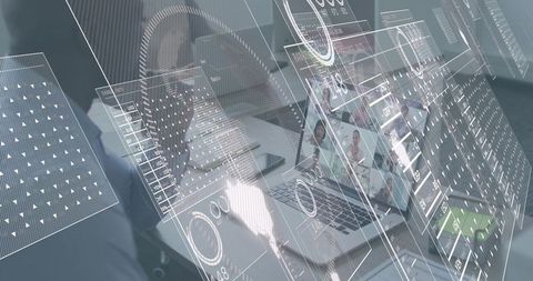 Business team collaborating with ar hud and remote video meeting, data dashboards