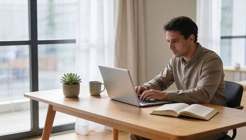 Focused man typing on laptop at modern home workspace with notebook, mug and succulent