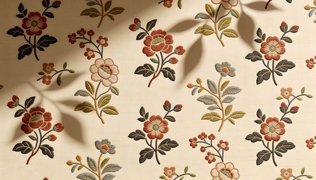 Vintage embroidered floral wallpaper featuring stitch texture and soft leaf shadows