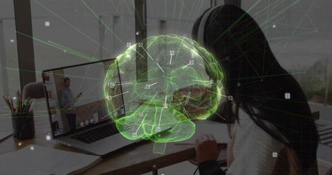 Teen student enjoying online learning with vr brain graphics