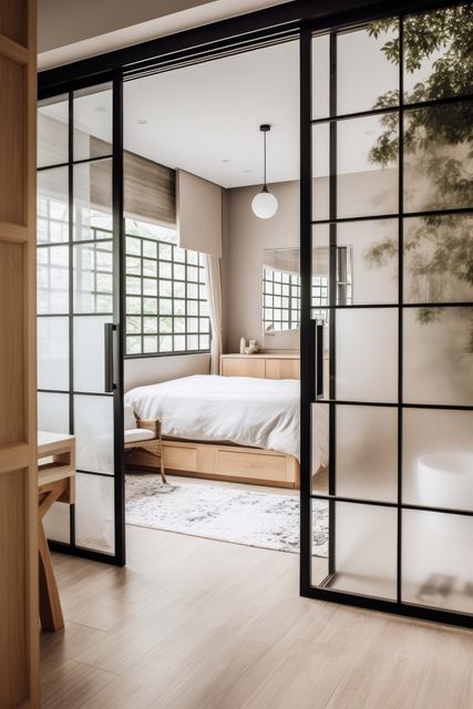 Modern bedroom featuring wooden furniture with sliding glass doors separating the room, bathed in natural light. Ideal for use in interior design blogs, home decor inspiration websites, real estate listings, or lifestyle magazines focusing on contemporary living spaces.