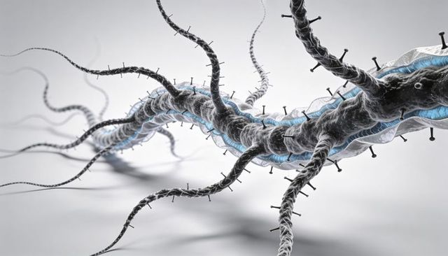 Microscopic tubular filament revealing blue core, fibrous sheath and tentacle appendages