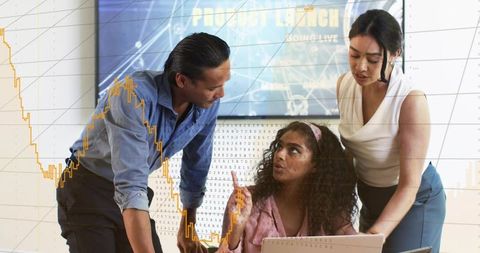 Pointing team leader guiding product launch meeting with laptop, charts and data analytics