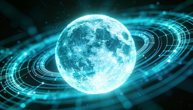 Holographic cyber moon with glowing data rings, digital orb for ai and tech branding