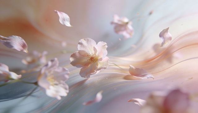 Ethereal Pale Pink Blossom Floating Over Luminous Ribbon Background with Falling Petals
