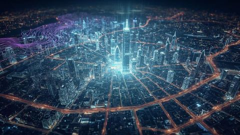 Futuristic Smart City at Night with Neon Data Streams