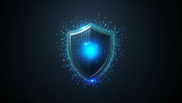 Futuristic Digital Shield Emblem Protecting Network with Neon Particles and Metallic Rim