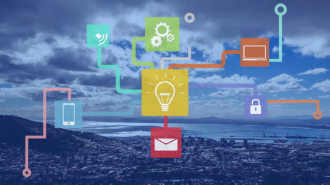 Digital Network Concept With Icons Over Cityscape