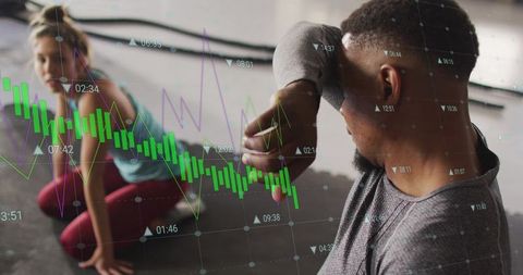 Fitness duo performing mobility and recovery drills in gym overlapped by financial charts