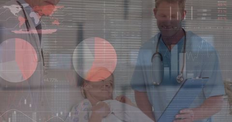 doctors engaging in discussion with patient while digital data and graphs overlay. represents modern healthcare technology, data-driven medicine, and innovative patient care. useful for illustrating concepts in technological advancements in healthcare, telemedicine, or intelligent data analysis in medical environments.