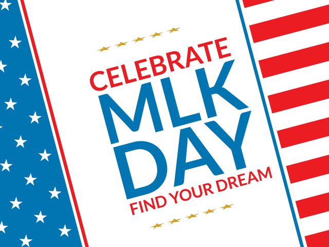 Ideal for promoting events related to Martin Luther King Jr Day, this template features bold text encouraging participation and remembrance with American flag elements. Perfect for social media announcements, event posters, and educational materials.