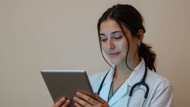 Female physician using tablet for digital patient records, telemedicine and clinical tasks