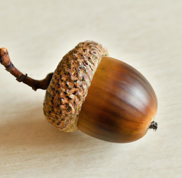 A detailed close-up of a single brown acorn sits on a light wooden surface, highlighting the natural textures and colors of the nut and its shell. Ideal for use in nature-themed projects, educational materials about trees and seeds, or autumn and harvest season decorations.