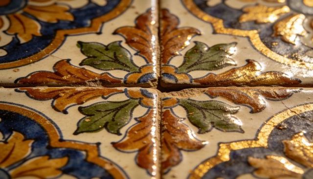 Ornate glazed ceramic tiles with gold highlights and symmetrical floral foliate pattern