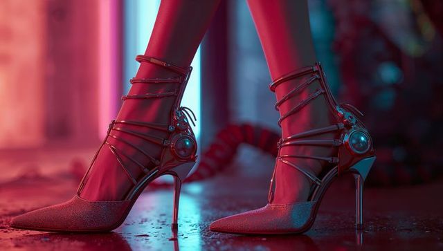 Futuristic High-Tech Heels in Neon Cyberpunk Atmosphere