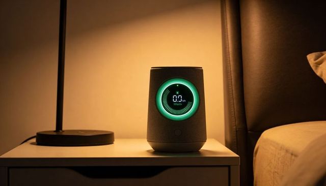 Smart bedside speaker glowing with green led ring on nightstand in cozy bedroom