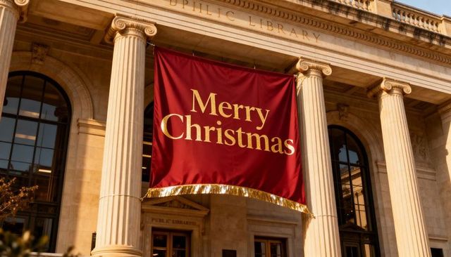 Merry christmas banner on neoclassical library facade with fluted columns and gold fringe