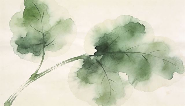 Delicate green watercolor leaves on textured beige paper with curved stem and soft veining