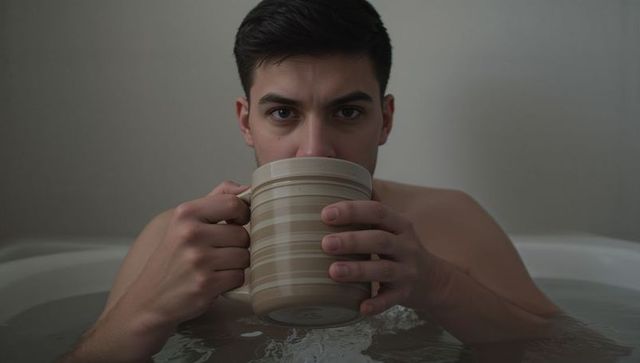 Shirtless man sipping oversized striped mug while relaxing in bathtub, intimate minimal mood