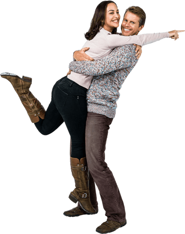 Man lifting woman in joyful embrace, transparent background