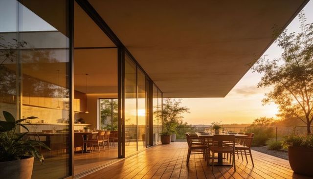 Sunset-lit modern terrace dining on wooden deck with floor-to-ceiling glass and planters