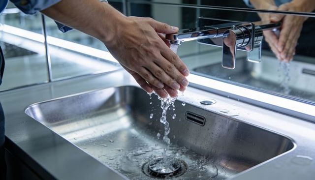 Male washing hands under wall-mounted chrome faucet over stainless steel sink