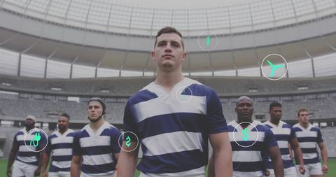 Rugby team standing united in stadium with augmented reality performance metrics