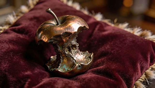 Bronze apple core sculpture resting on burgundy velvet cushion with gold tassel